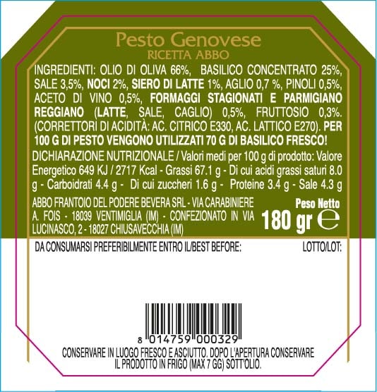 Etichetta della confezione di pesto genovese ricetta Abbo